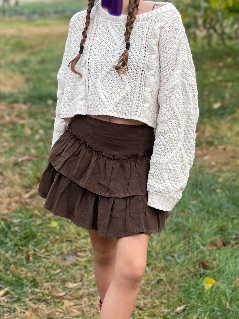 Cropped fisherman cable knit cream sweater  small but oversized